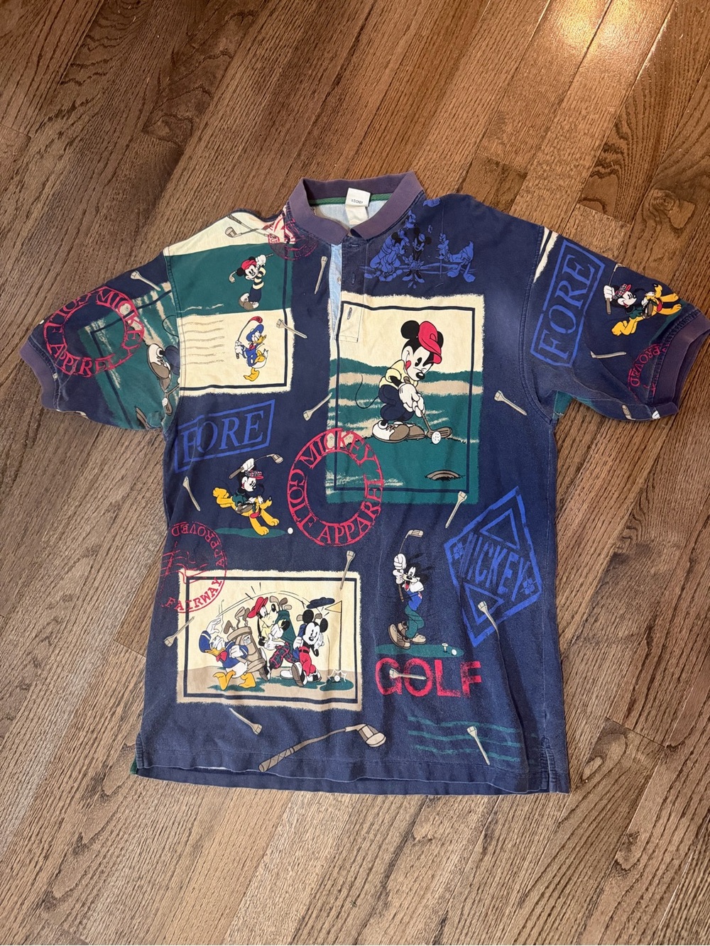 Vintage Disney Store Polo Shirt Mickey Goofy Golf Print Allover men’s XXL